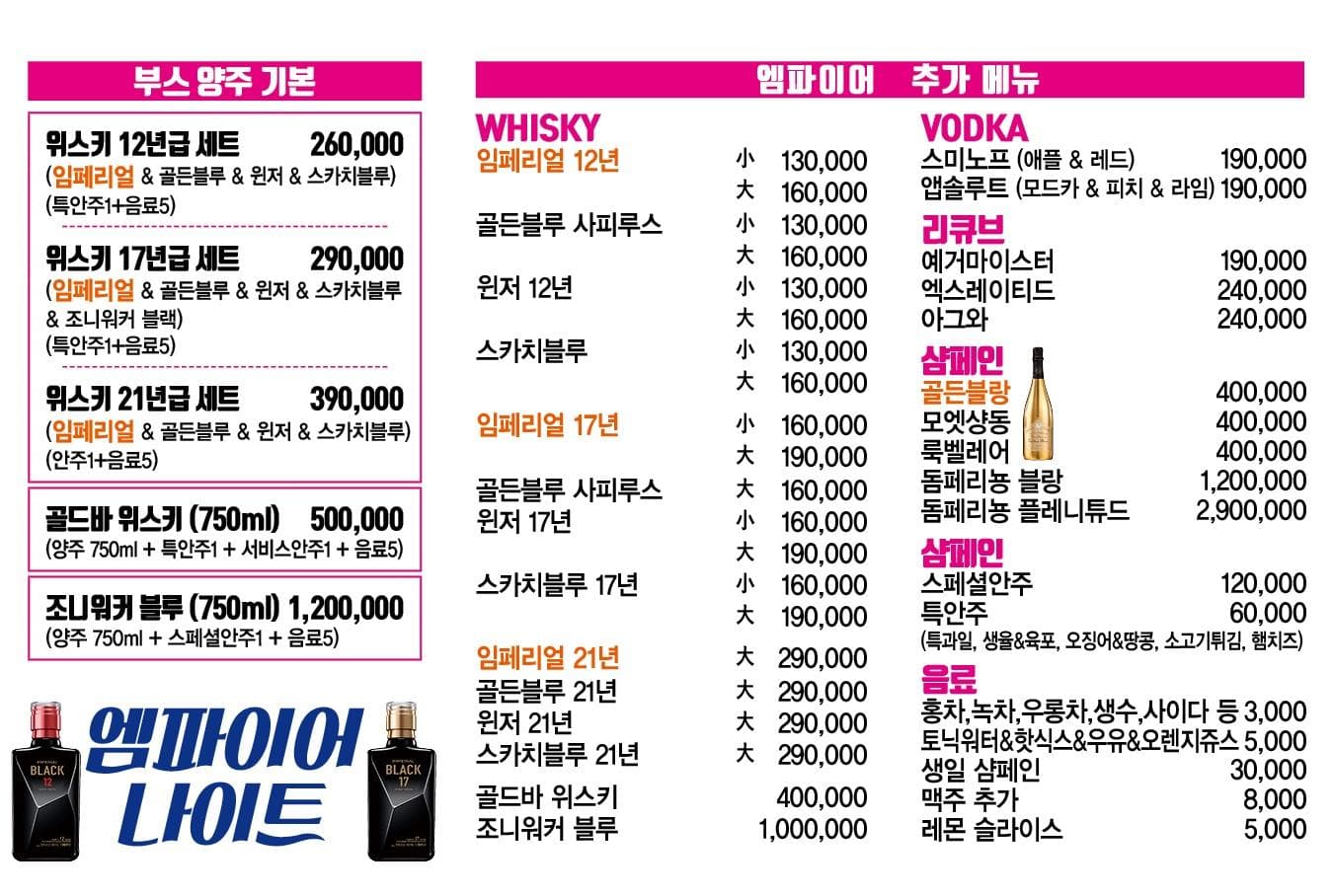 제주 제주 연동 엠파이어나이트 (안○익 실장) 주대 및 메뉴 가격표 안내 (1)